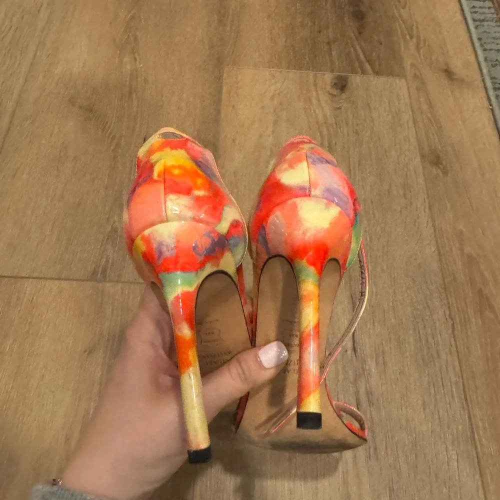 Stuart Weitzman Multicolor Watercolor Print Strappy Heels
